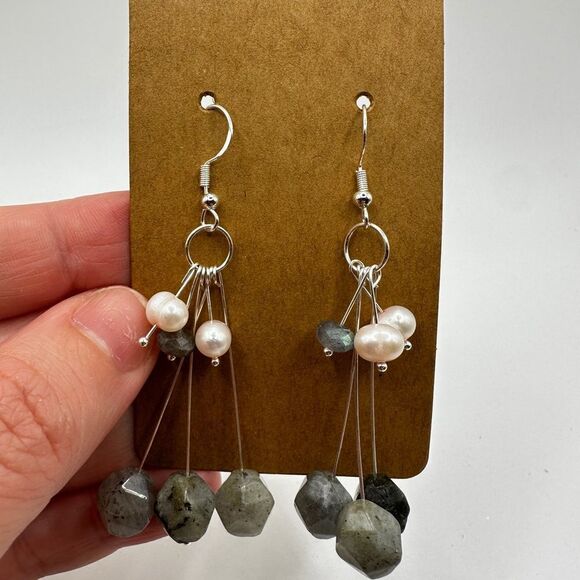3" long faceted labradorite beads with freshwater pearls dangle earrings! - Picture 8 of 12